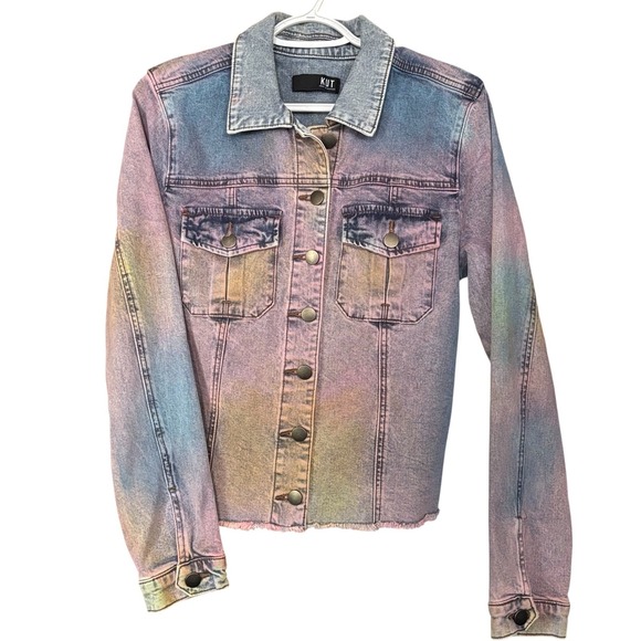 Kut from the Kloth Jackets & Blazers - Kut From The Kloth Kara Frayed Hem Tie Dye Denim Trucker Jacket Women's Large
